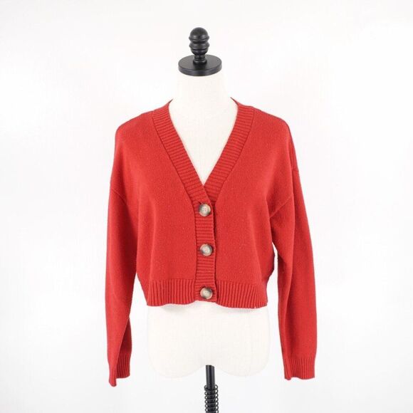 Forever 21 Red V-Neck Button Cropped‎ Medium Cardigan Sweater - Picture 1 of 9